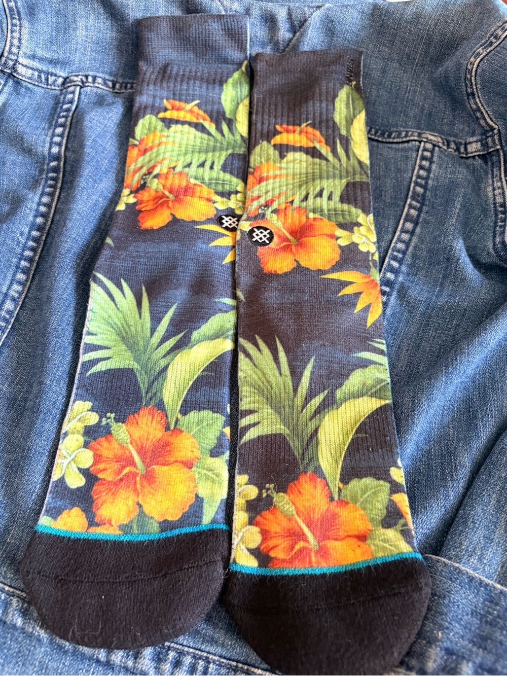 Stance Black Crew Socks with Orange Hibiscus and Green Foliage